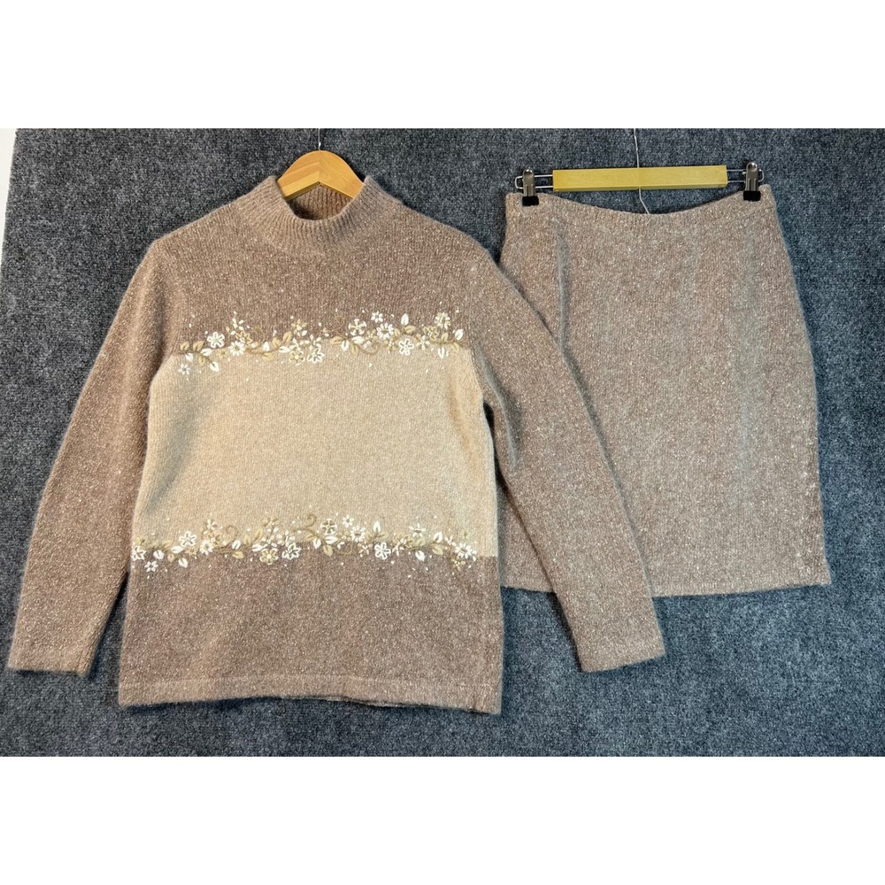 Dress Barn Silk Angora Blend Embroidered Sweater and Skirt Set Brown Tan Medium